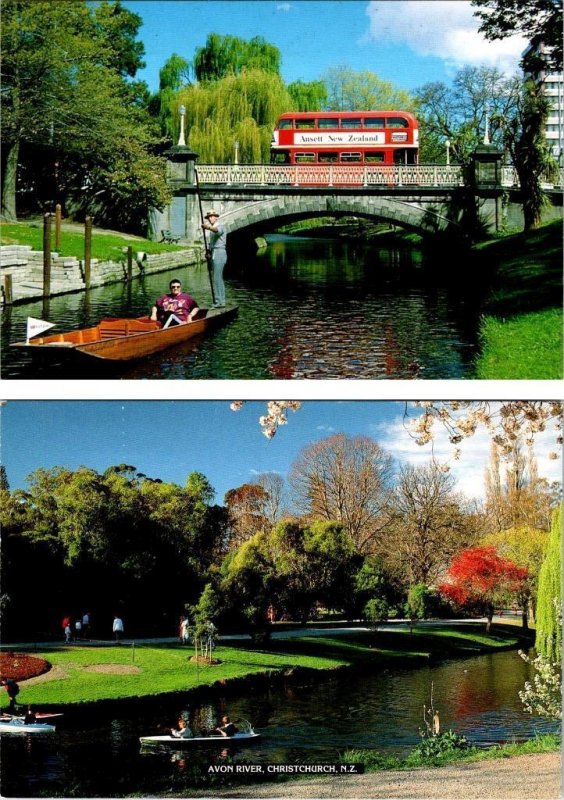 2~4X6 Postcards  Christchurch, New Zealand  AVON RIVER~DOUBLE DECKER BUS~BOATING