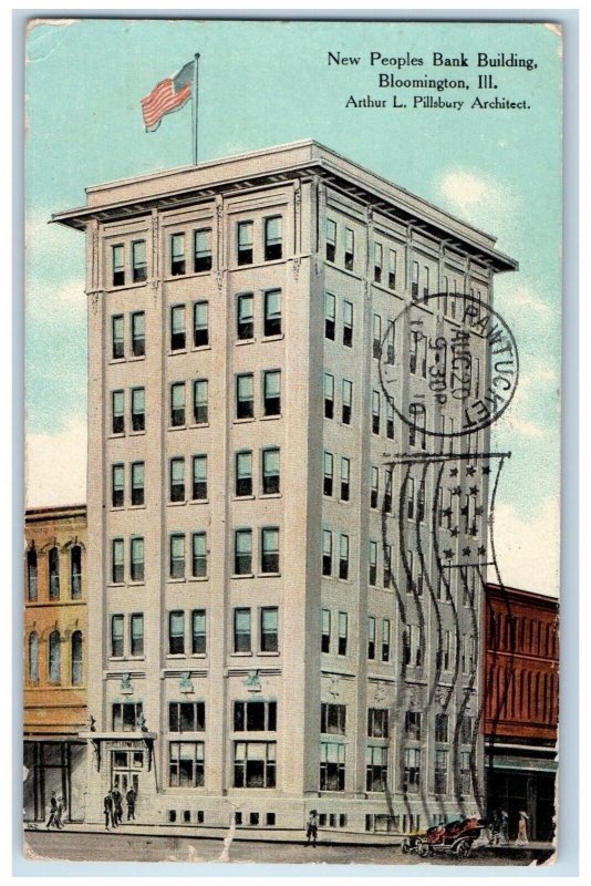 c1910's New Peoples Bank Building Car Street View Bloomington IL Posted Postcard