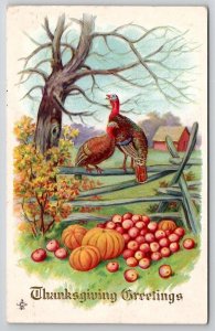 Thanksgiving Greetings Turkeys On Fence Autumn Scene Postcard V21