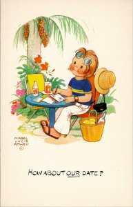 Artist Mabel Lucie Attwell Palm Tree Writing Letter How About A Date Postcard W8