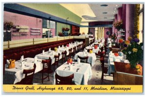 Meridian Mississippi MS Postcard Davis Grill Restaurant Interior 1950 Vintage