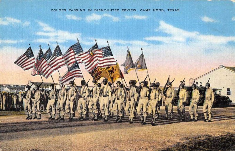Camp Hood Texas Colors Passing in Dismounted Review Vintage Postcard