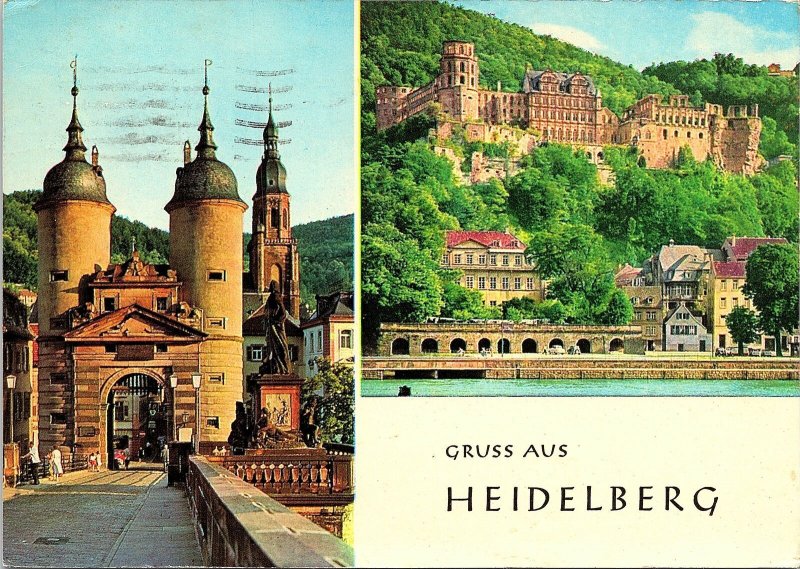 VINTAGE CONTINENTAL SIZE POSTCARD GREETINGS FROM HEIDELBERG GERMANY DOUBLE VIEW