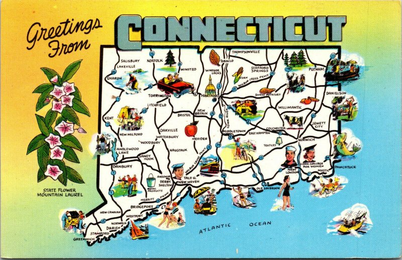 Vtg Greetings from Connecticut CT State Map Town Highways Postcard