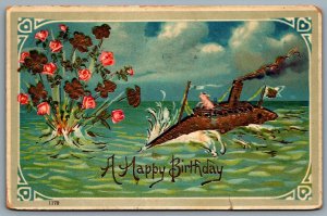 Postcard c1911 A Happy Birthday Whimsical Pig On Submarine Gold Gilded