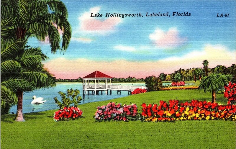 Lake Hollingsworth Lakeland FL Florida Sunset Linen Postcard Polk County VTG UNP 