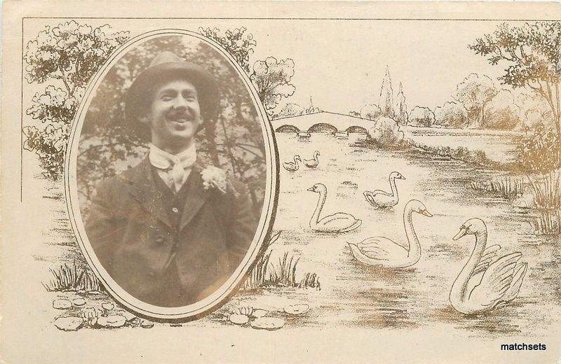 C-1910 Inset Vignette Man Artsy Swan Frame border postcard 4298 RPPC