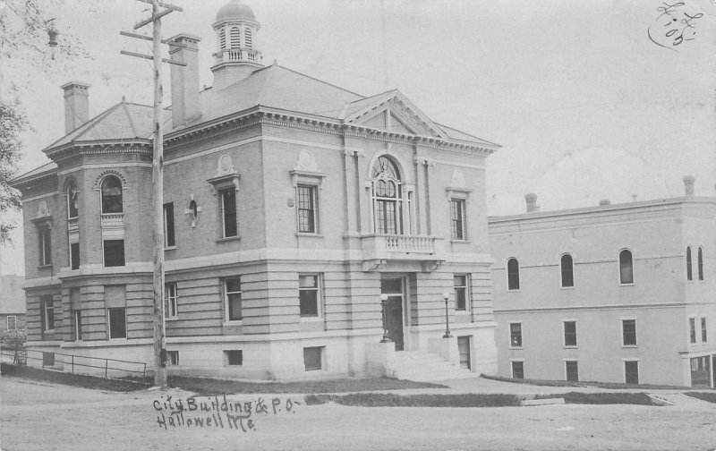 Hallowell ME City Building & Post Office 1905 Real Photo Postcard