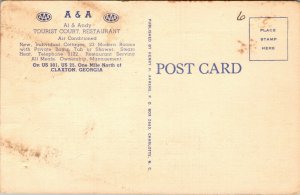 Vtg 1930s A&A Tourist Court Motel Restaurant Claxton Georgia GA Linen Postcard