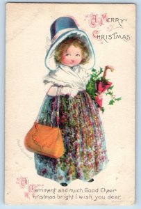 Wolf Signed Artist Postcard Christmas Girl With Holly Berries Umbrella c1910's
