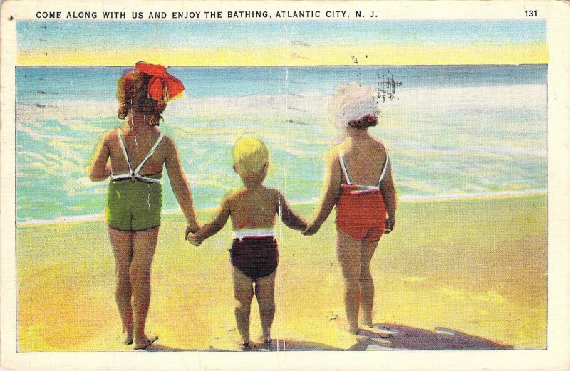 Atlantic City NJ New Jersey 1937 Children Bathing Beach Swimsuits Linen