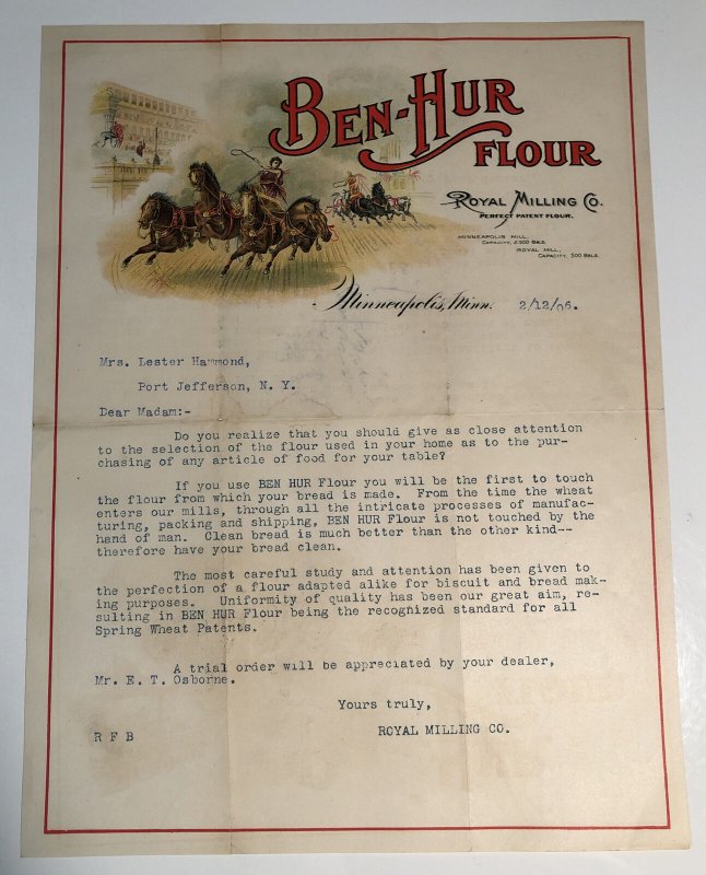 1906 Ben Hur Flour ROYAL MILLING Company Minneapolis MN Horse Color Letterhead 