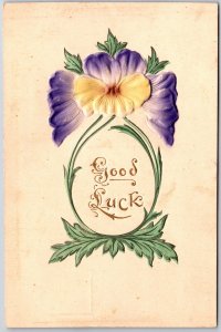 Good Luck Embossed Pansy Flower Green Leaves Greetings Postcard
