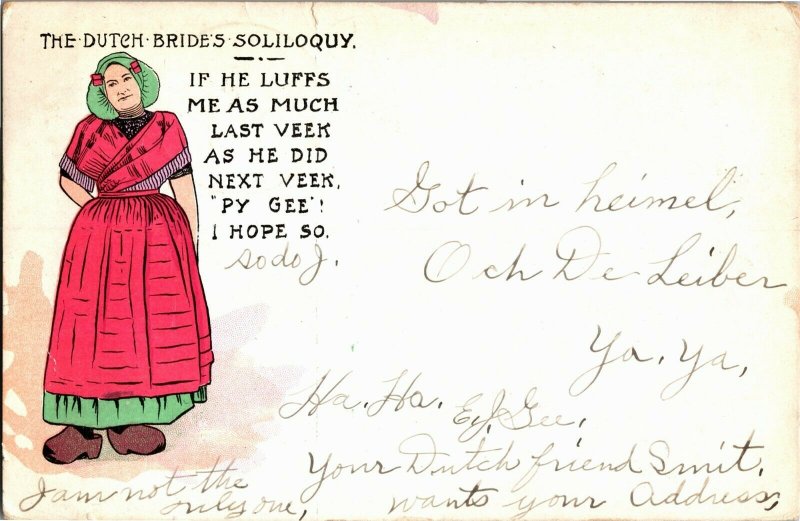 Dutch Bride's Soliloquy If He Luffs Me As Much Last Veek c1910 Vtg Postcard A33 