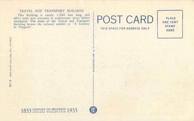 1933 Chicago World's Fair Travel & Transport Building Linen Postcard Unused