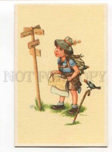 275979 TRAVELER Boy w/ Map & CROW by NINDL vintage Color PC