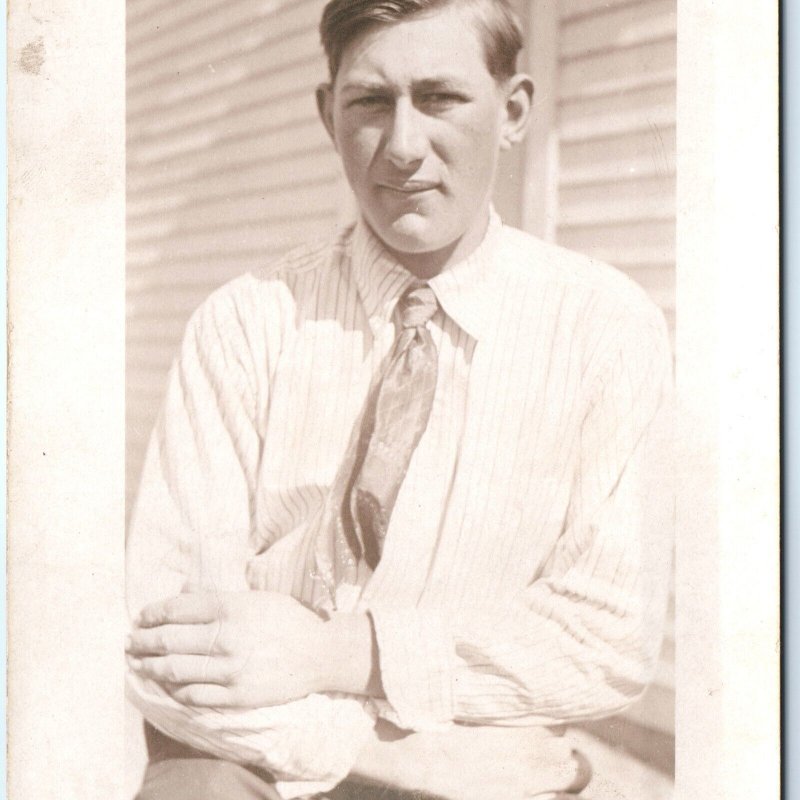 c1910s Outdoor Man Squint RPPC Sunny Day House Real Photo Stiff Upper Lip A160