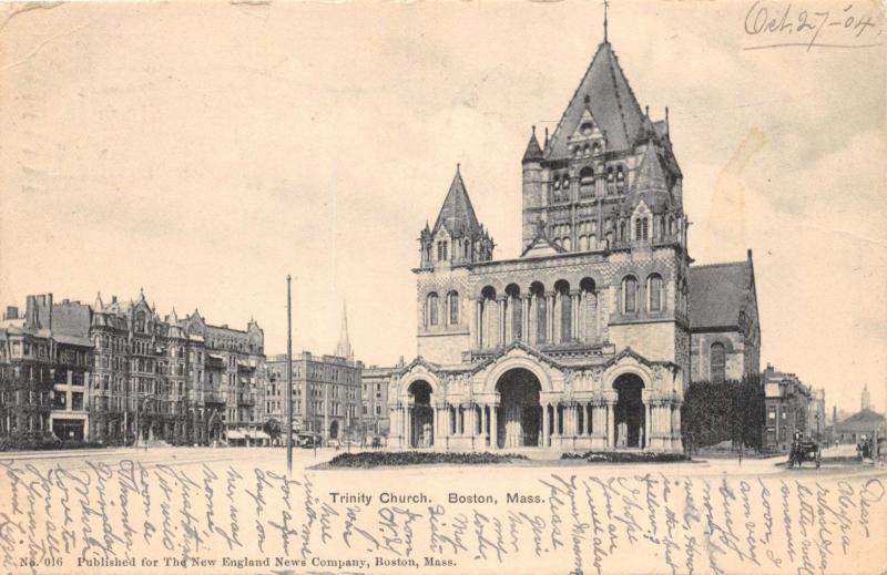 BOSTON MASSACHUSETTS TRINITY CHURCH UDB NEW ENGLAND NEWS POSTCARD c1904