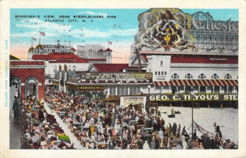 Boardwalk View Near Steeplechase Pier Atlantic City NJ 1930 GM W-Border Postcard