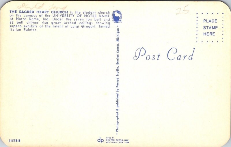 Sacred Heart Church University Notre Dame Postcard VTG UNP Dexter Vintage Unused 