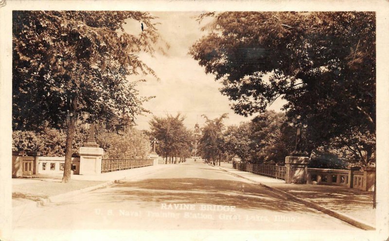 RPPC RAVINE BRIDGE U.S NAVAL TRAINING ILLINOIS MILITARY REAL PHOTO POSTCARD 1935