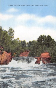 Iron Mountain Michigan 1940-50s Postcard Waterfall Falls on Pike River