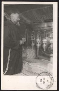 Egypt N11 on 1948 monk praying at Holy Manger in Bethlehem real photo post card