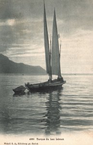 Vintage Postcard Barque Du Lac Leman Ocean Waves Boat Mountain View Switzerland