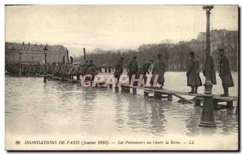 Old Postcard Army Floods of Paris January 1910 The pontoon at the Cours la Reine
