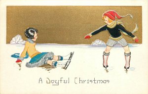 Embossed Art Deco Christmas Postcard 82 Children On Skates, Girl is Down!
