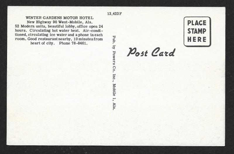 Winter Gardens Motor Hotel Mobile AL unused c1930s