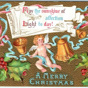 c1910s Merry Christmas Cupid Embossed Gilt Cherub Xmas Unposted Greeting Vtg A16