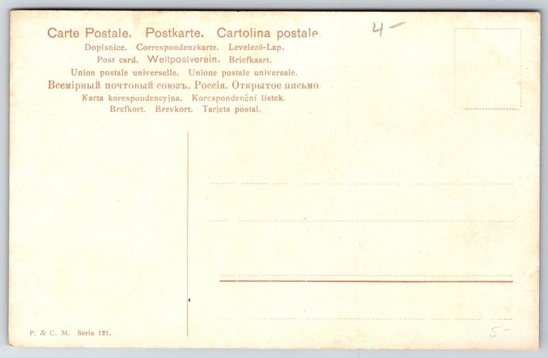 A/S~Two Macaw Parrots On Branch~One Hanging Upside-Down~P&CM Ser 121~c1910
