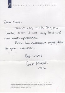 Sarah Moffett Coronation Street Hand Signed Granada TV Letter