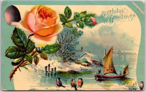 1910's Pink Rose Flower Birds Winter Home Sailboat Greetings Posted Postcard 