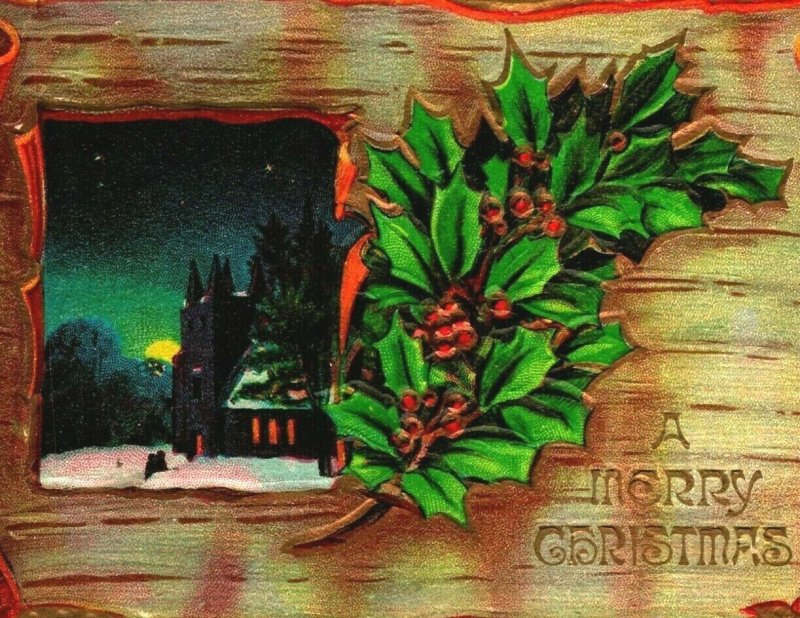 Night Winter Church Scene Holly A Merry Christmas Embossed 1910 Postcard