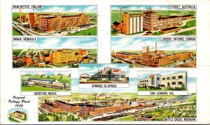 VINTAGE POSTCARD KELLOGG COMPANY PLANTS AROUND THE WORLD MAILED 1954 vert crease