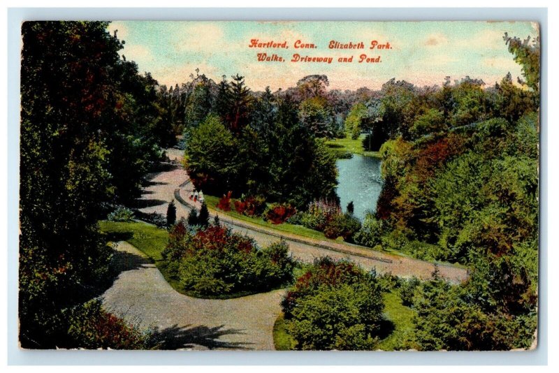 1912 Hartford CT, Elizabeth Park Walks Driveway And Pond Antique Postcard 