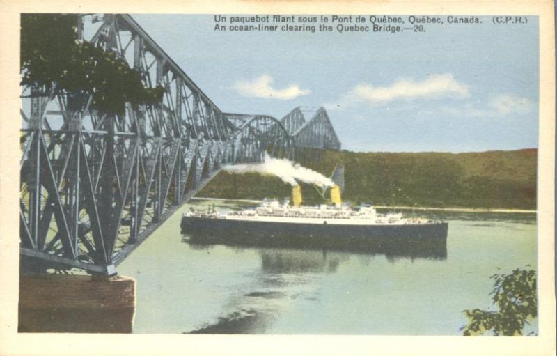 Ocean Liner - Ship - Steamer passing Quebec Bridge - St Lawrence River, Canada