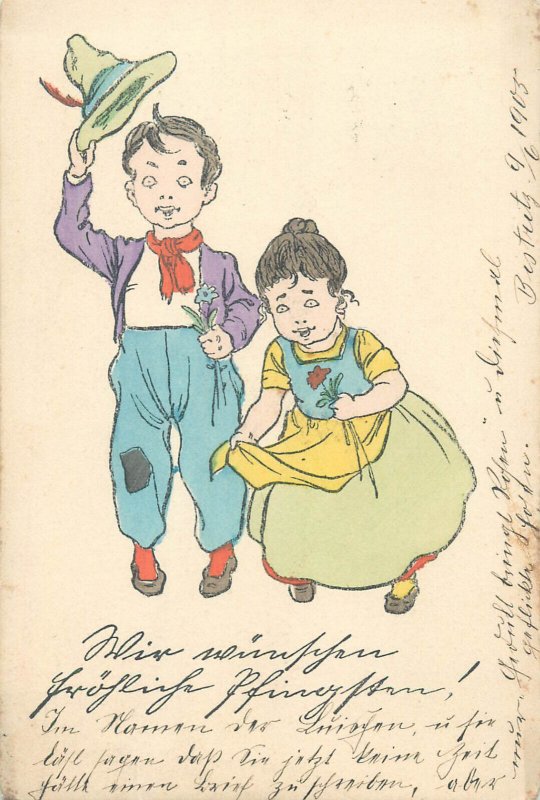 Drawn children couple caricature vintage 1905 postcard Hungary 