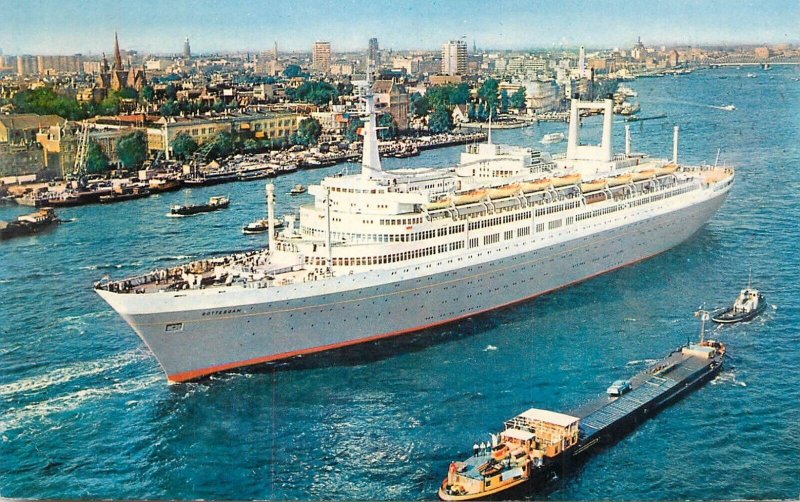 Sailing & navigation themed postcard Rotterdam large cruise ship cargo  barge