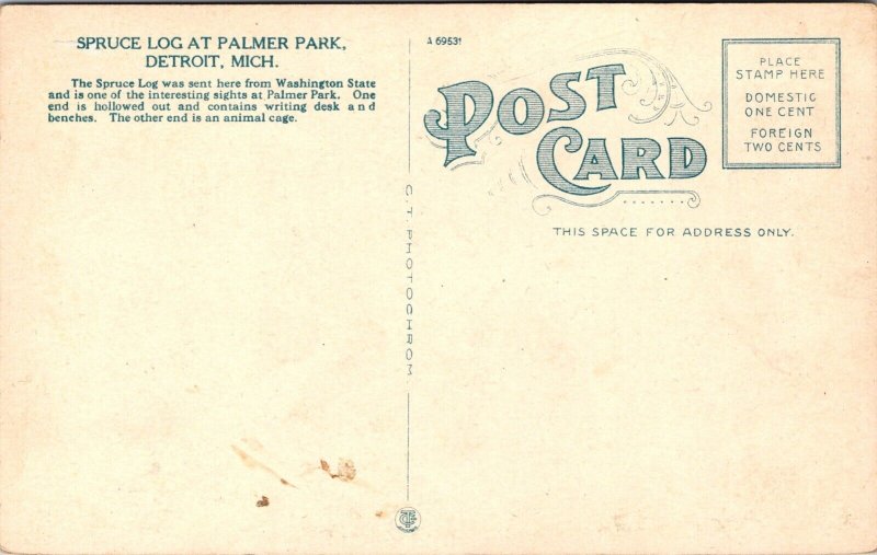 Postcard Spruce Log at Palmer Park in Detroit, Michigan 