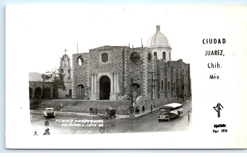 *Templo Parroguial Juarez Chih Mexico Old Bus Vintage Photo Postcard C40