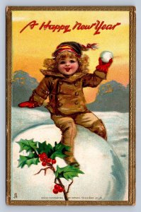 J92/ Merry Christmas Holiday Postcard c1910 Child Snowball Smile 230