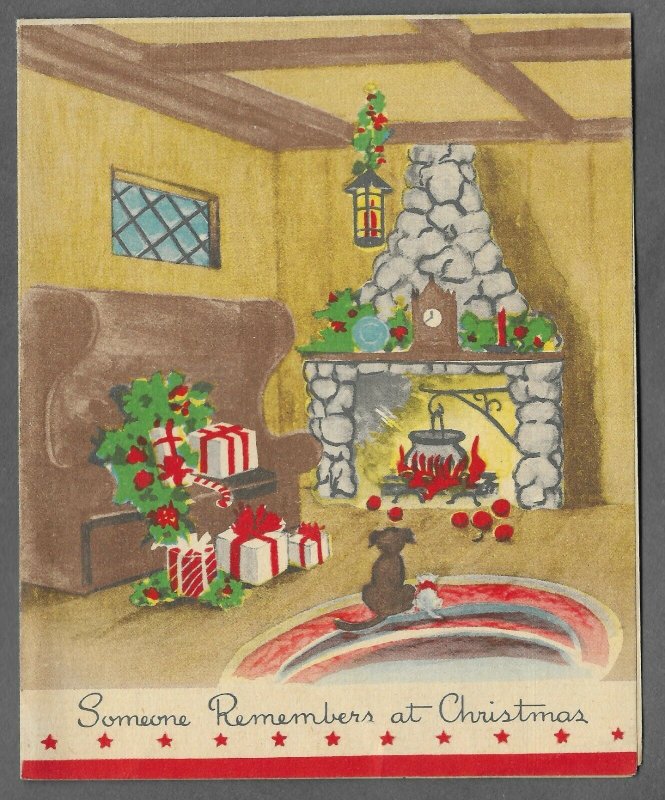 VINTAGE 1940s WWII ERA Christmas Greeting Holiday Card DOG GIFTS & FIREPLACE