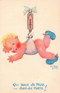 Children Baby Boy Hanged on Scale Comic Humor Art Beatrice Mallet postcard  B930