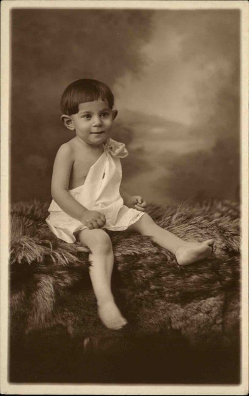 Little Boy Hair Toga? Animal Fur Rug Brooklyn NY Studio Real Photo Postcard