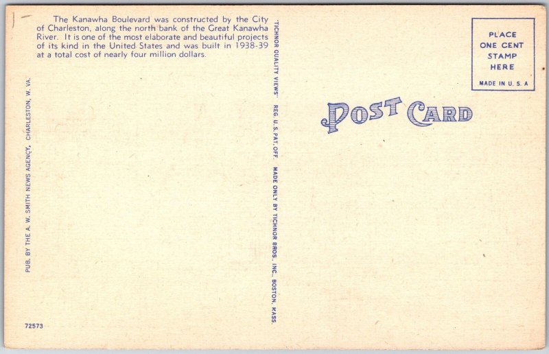 Charleston West Virginia, Moonlight, Kanawha River, Capitol Vintage Postcard