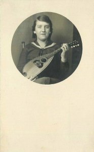 C-1910 Girl Mandolin Music Instrument Trimmed RPPC Photo Postcard 21-600