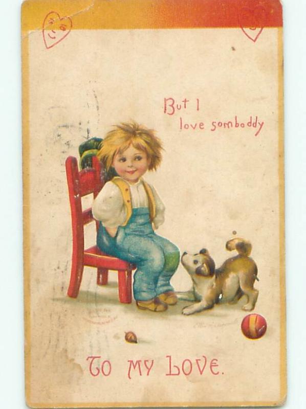 Pre-Linen Valentine signed CLAPSADDLE - CURIOUS DOG WATCHES BOY ON CHAIR AB2838